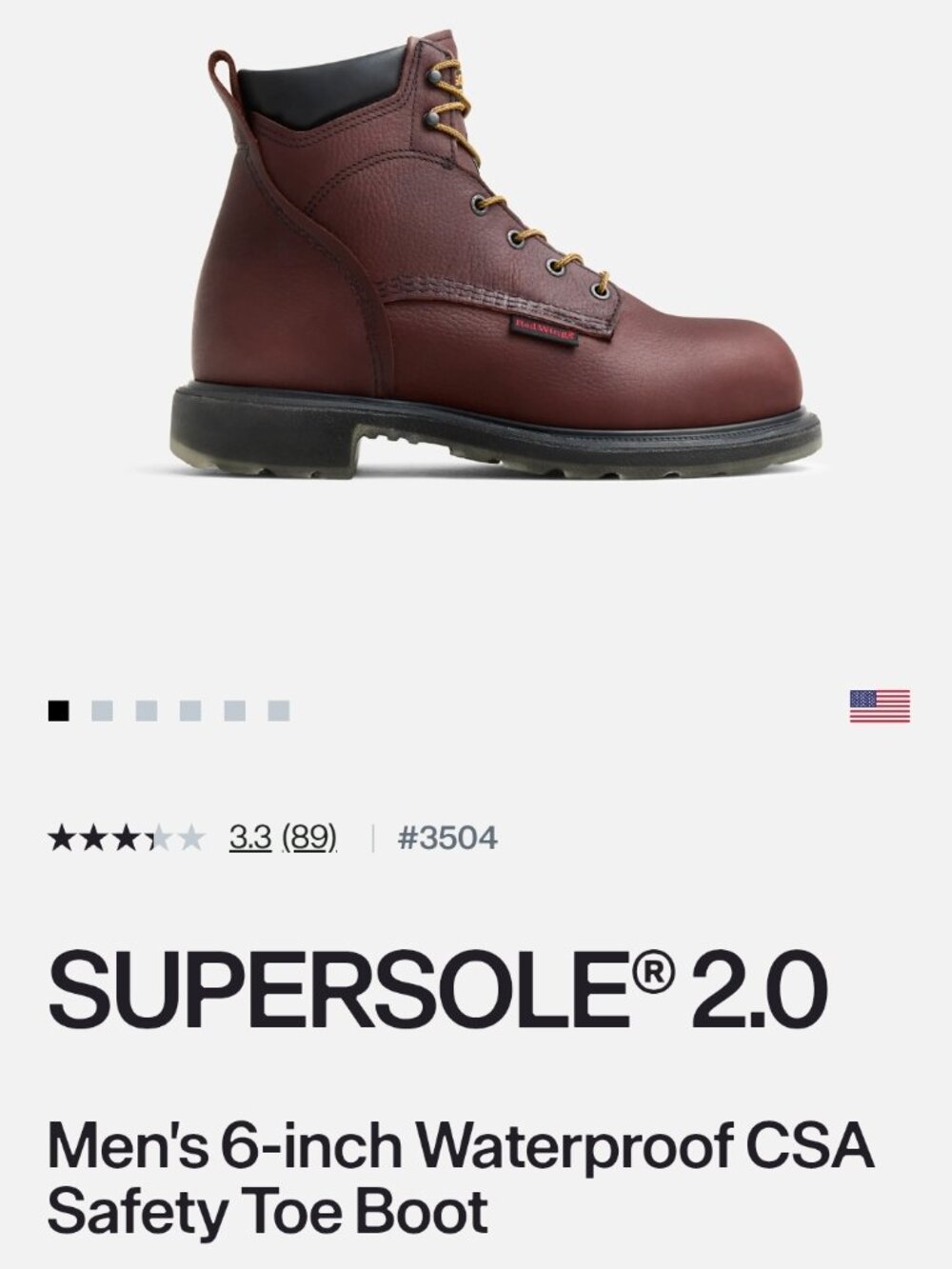 Red Wings SuperSole® 2.0 Men's 6-inch Waterproof CSA Safety Toe Boot Size 12 EEE
